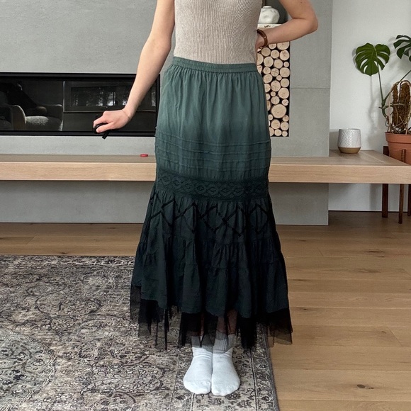 Vintage 100% cotton Ombre Dark Green Maxi Skirt L - Picture 3 of 17